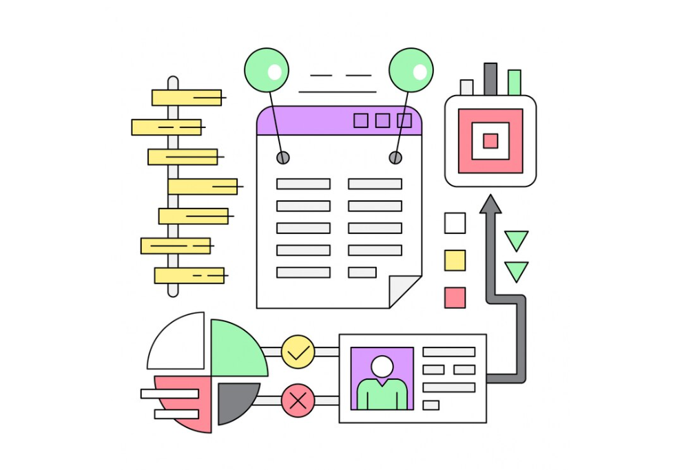 An abstract illustration of data analysis with charts and interface elements